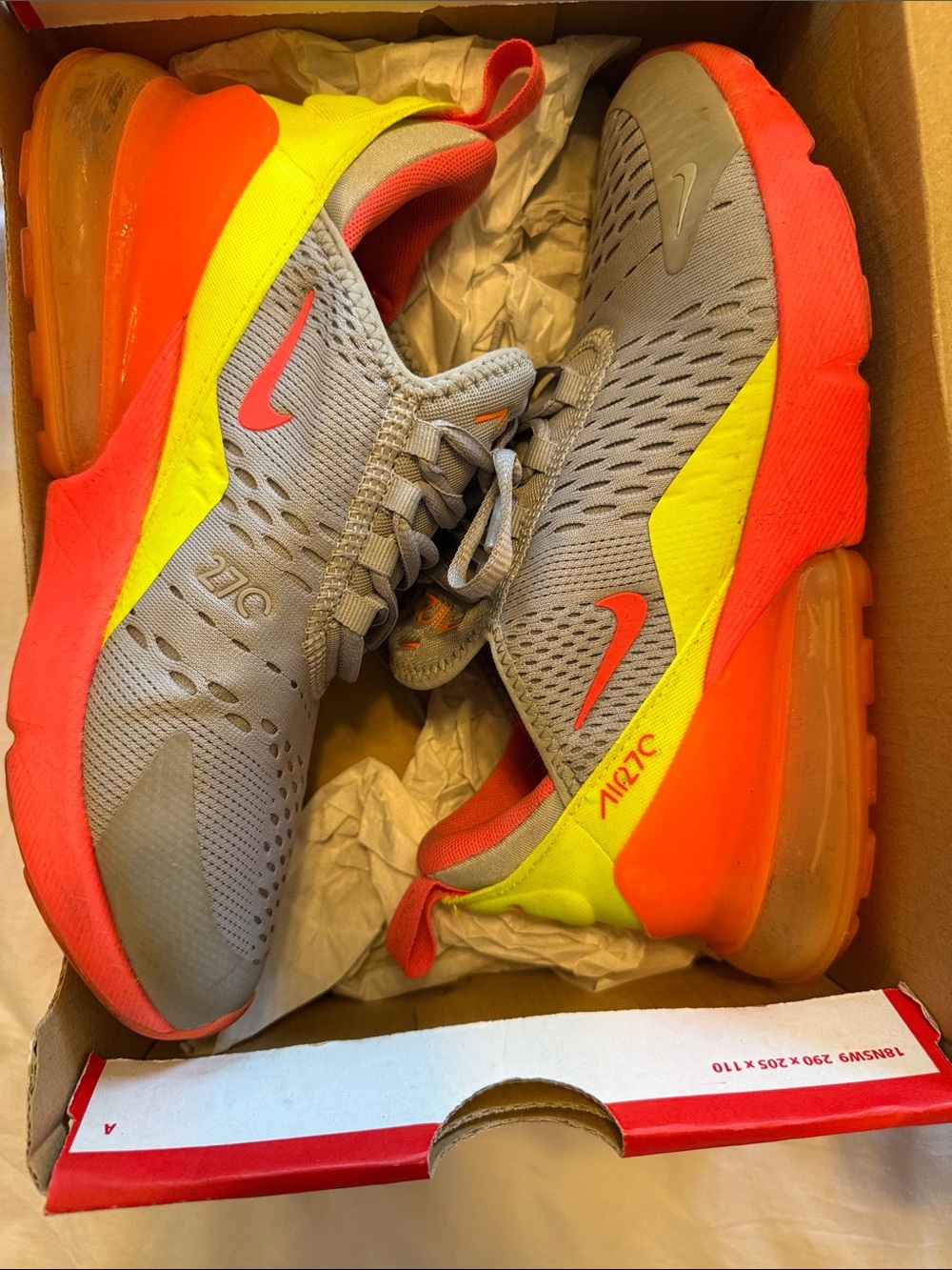 Nike Air Max 270 Men’s Grey with Neon Yellow and Bright Orange Accents